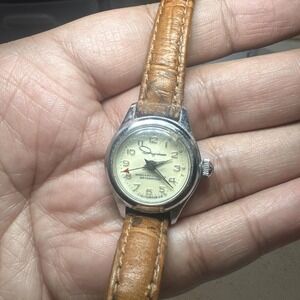 Working VTG Ingraham Manual Wind Ladies Wristwatch Swiss Made 24mm Brown Leather